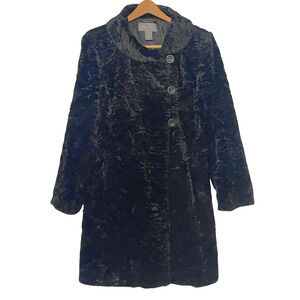Ann Taylor Sz L Dress Coat Mid Length Off-Center Buttons Cut Pile Faux Fur Black